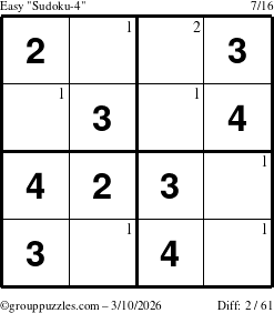 The grouppuzzles.com Easy Sudoku-4 puzzle for Tuesday March 10, 2026 with the first 2 steps marked