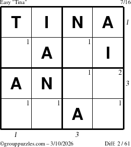 The grouppuzzles.com Easy Tina puzzle for Tuesday March 10, 2026, suitable for printing, with all 2 steps marked