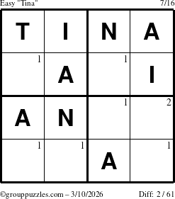 The grouppuzzles.com Easy Tina puzzle for Tuesday March 10, 2026 with the first 2 steps marked