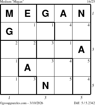 The grouppuzzles.com Medium Megan puzzle for Tuesday March 10, 2026, suitable for printing, with all 5 steps marked