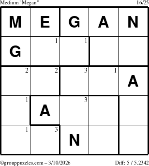 The grouppuzzles.com Medium Megan puzzle for Tuesday March 10, 2026 with the first 3 steps marked