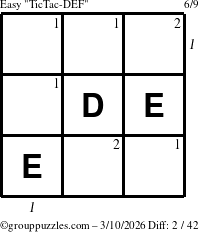 The grouppuzzles.com Easy TicTac-DEF puzzle for Tuesday March 10, 2026, suitable for printing, with all 2 steps marked