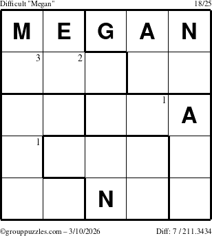 The grouppuzzles.com Difficult Megan puzzle for Tuesday March 10, 2026 with the first 3 steps marked