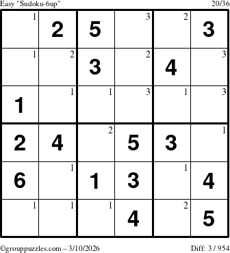 The grouppuzzles.com Easy Sudoku-6up puzzle for Tuesday March 10, 2026 with the first 3 steps marked