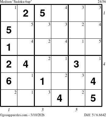The grouppuzzles.com Medium Sudoku-6up puzzle for Tuesday March 10, 2026 with all 5 steps marked
