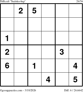 The grouppuzzles.com Difficult Sudoku-6up puzzle for Tuesday March 10, 2026