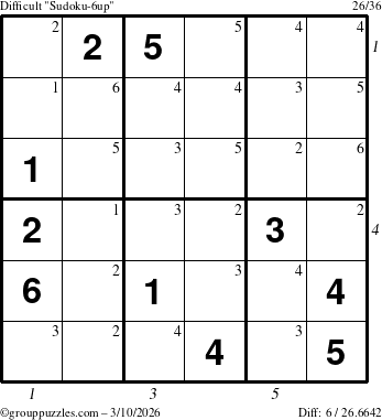The grouppuzzles.com Difficult Sudoku-6up puzzle for Tuesday March 10, 2026 with all 6 steps marked