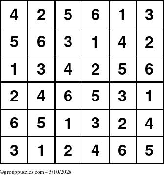 The grouppuzzles.com Answer grid for the Sudoku-6up puzzle for Tuesday March 10, 2026
