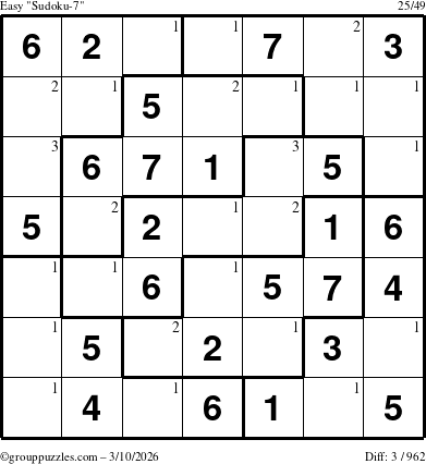 The grouppuzzles.com Easy Sudoku-7 puzzle for Tuesday March 10, 2026 with the first 3 steps marked