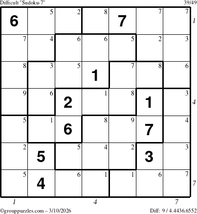 The grouppuzzles.com Difficult Sudoku-7 puzzle for Tuesday March 10, 2026 with all 9 steps marked