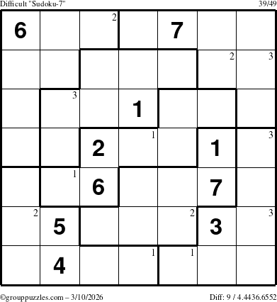 The grouppuzzles.com Difficult Sudoku-7 puzzle for Tuesday March 10, 2026 with the first 3 steps marked