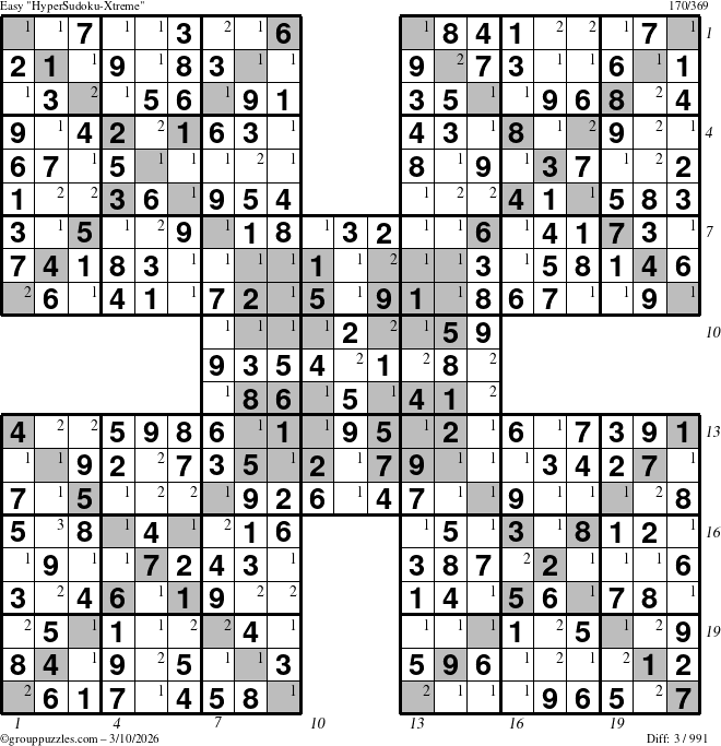 The grouppuzzles.com Easy HyperSudoku-Xtreme puzzle for Tuesday March 10, 2026, suitable for printing, with all 3 steps marked