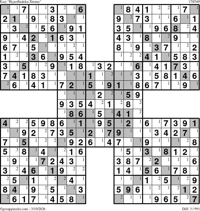 The grouppuzzles.com Easy HyperSudoku-Xtreme puzzle for Tuesday March 10, 2026 with the first 3 steps marked