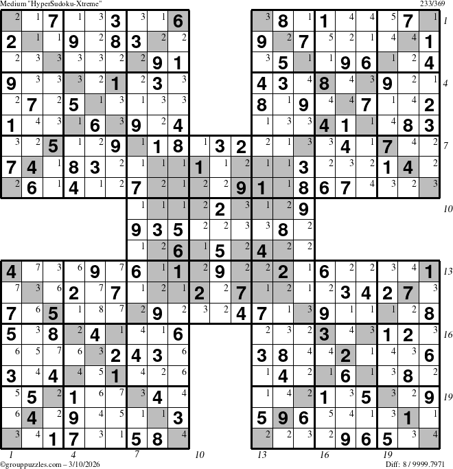 The grouppuzzles.com Medium HyperSudoku-Xtreme puzzle for Tuesday March 10, 2026 with all 8 steps marked