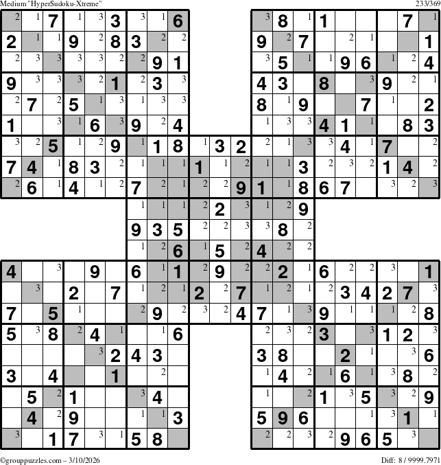 The grouppuzzles.com Medium HyperSudoku-Xtreme puzzle for Tuesday March 10, 2026 with the first 3 steps marked