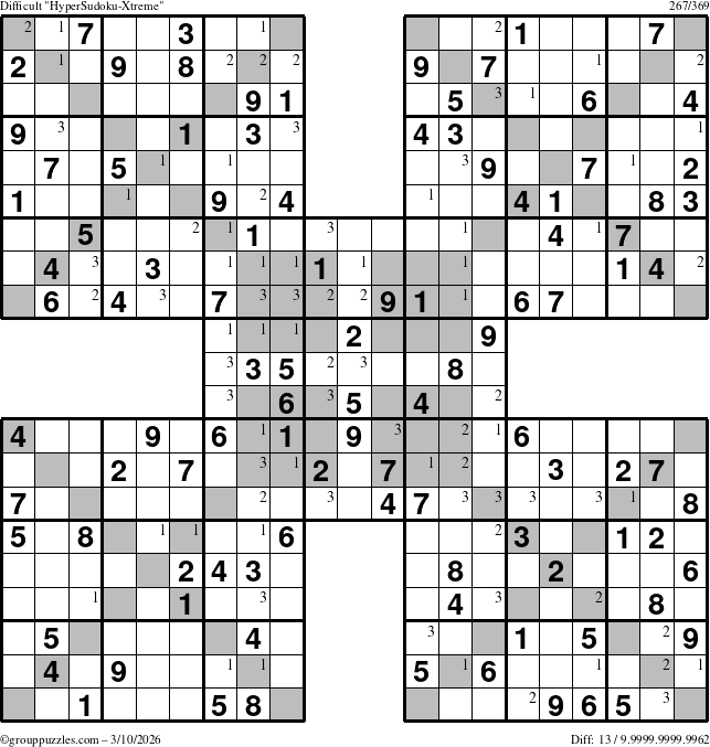 The grouppuzzles.com Difficult HyperSudoku-Xtreme puzzle for Tuesday March 10, 2026 with the first 3 steps marked
