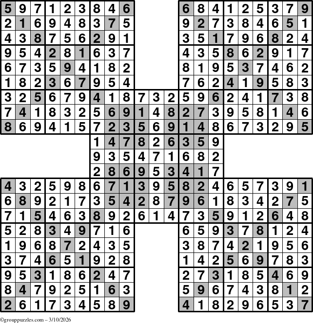 The grouppuzzles.com Answer grid for the HyperSudoku-Xtreme puzzle for Tuesday March 10, 2026