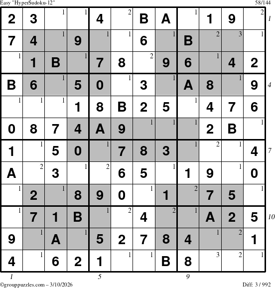 The grouppuzzles.com Easy HyperSudoku-12 puzzle for Tuesday March 10, 2026, suitable for printing, with all 3 steps marked