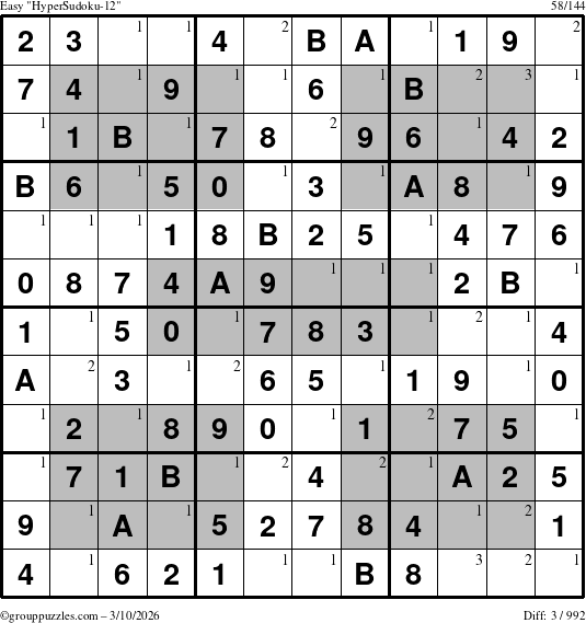 The grouppuzzles.com Easy HyperSudoku-12 puzzle for Tuesday March 10, 2026 with the first 3 steps marked