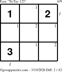 The grouppuzzles.com Easy TicTac-123 puzzle for Tuesday March 10, 2026, suitable for printing, with all 2 steps marked