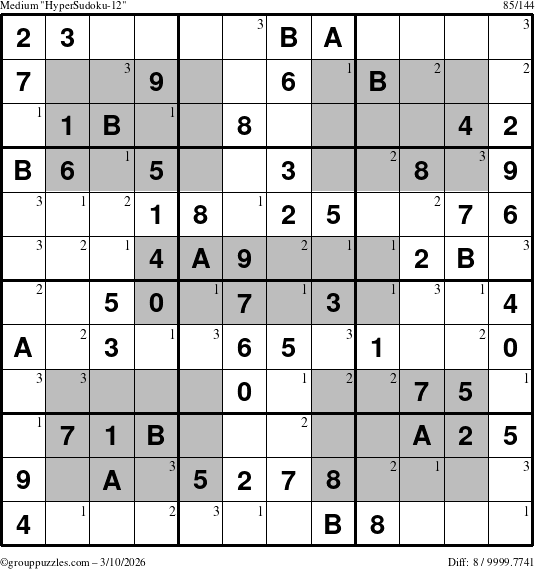 The grouppuzzles.com Medium HyperSudoku-12 puzzle for Tuesday March 10, 2026 with the first 3 steps marked