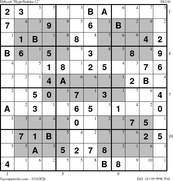 The grouppuzzles.com Difficult HyperSudoku-12 puzzle for Tuesday March 10, 2026, suitable for printing, with all 10 steps marked