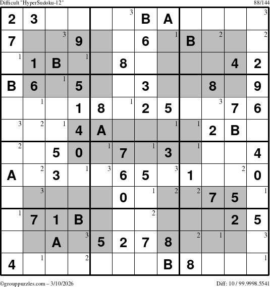 The grouppuzzles.com Difficult HyperSudoku-12 puzzle for Tuesday March 10, 2026 with the first 3 steps marked