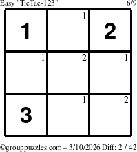 The grouppuzzles.com Easy TicTac-123 puzzle for Tuesday March 10, 2026 with the first 2 steps marked