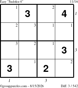 The grouppuzzles.com Easy Sudoku-4 puzzle for Saturday August 15, 2026, suitable for printing, with all 3 steps marked