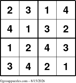 The grouppuzzles.com Answer grid for the Sudoku-4 puzzle for Saturday August 15, 2026