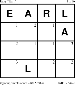 The grouppuzzles.com Easy Earl puzzle for Saturday August 15, 2026 with the first 3 steps marked