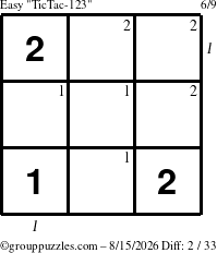 The grouppuzzles.com Easy TicTac-123 puzzle for Saturday August 15, 2026 with all 2 steps marked