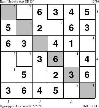 The grouppuzzles.com Easy Sudoku-6up-UR-D puzzle for Saturday August 15, 2026, suitable for printing, with all 3 steps marked