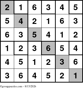 The grouppuzzles.com Answer grid for the Sudoku-6up-UR-D puzzle for Saturday August 15, 2026