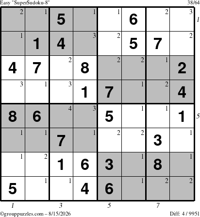 The grouppuzzles.com Easy SuperSudoku-8 puzzle for Saturday August 15, 2026, suitable for printing, with all 4 steps marked