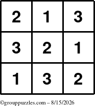 The grouppuzzles.com Answer grid for the TicTac-123 puzzle for Saturday August 15, 2026