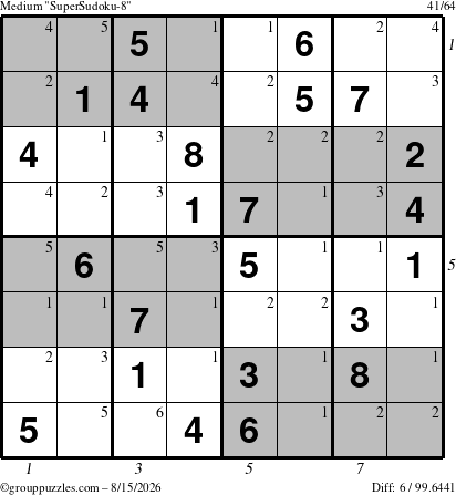 The grouppuzzles.com Medium SuperSudoku-8 puzzle for Saturday August 15, 2026, suitable for printing, with all 6 steps marked