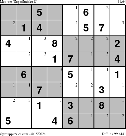The grouppuzzles.com Medium SuperSudoku-8 puzzle for Saturday August 15, 2026 with the first 3 steps marked