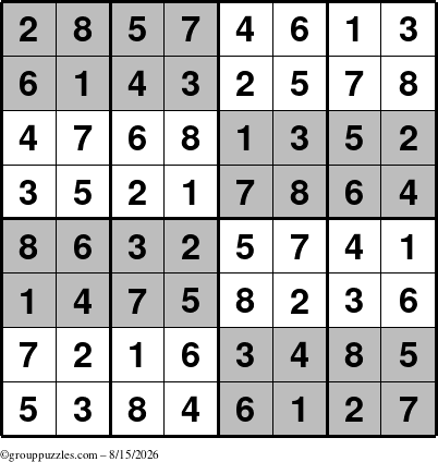 The grouppuzzles.com Answer grid for the SuperSudoku-8 puzzle for Saturday August 15, 2026