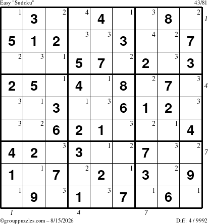 The grouppuzzles.com Easy Sudoku puzzle for Saturday August 15, 2026, suitable for printing, with all 4 steps marked