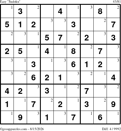 The grouppuzzles.com Easy Sudoku puzzle for Saturday August 15, 2026 with the first 3 steps marked
