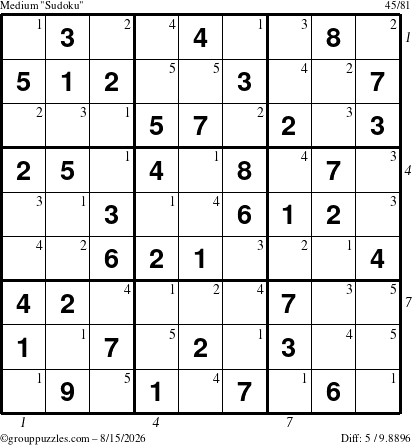 The grouppuzzles.com Medium Sudoku puzzle for Saturday August 15, 2026 with all 5 steps marked