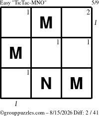 The grouppuzzles.com Easy TicTac-MNO puzzle for Saturday August 15, 2026, suitable for printing, with all 2 steps marked