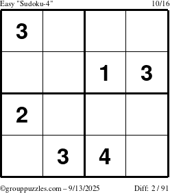 The grouppuzzles.com Easy Sudoku-4 puzzle for Saturday September 13, 2025