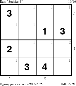 The grouppuzzles.com Easy Sudoku-4 puzzle for Saturday September 13, 2025 with all 2 steps marked