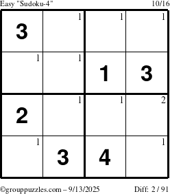 The grouppuzzles.com Easy Sudoku-4 puzzle for Saturday September 13, 2025 with the first 2 steps marked