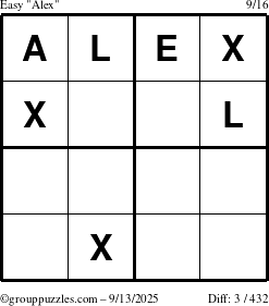 The grouppuzzles.com Easy Alex puzzle for Saturday September 13, 2025