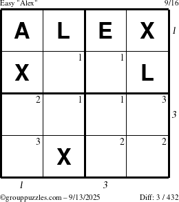 The grouppuzzles.com Easy Alex puzzle for Saturday September 13, 2025 with all 3 steps marked