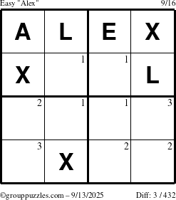 The grouppuzzles.com Easy Alex puzzle for Saturday September 13, 2025 with the first 3 steps marked