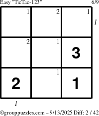 The grouppuzzles.com Easy TicTac-123 puzzle for Saturday September 13, 2025 with all 2 steps marked